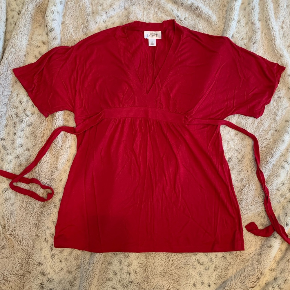LOFT Red V-Neck Tie-Waist Short Sleeve Top